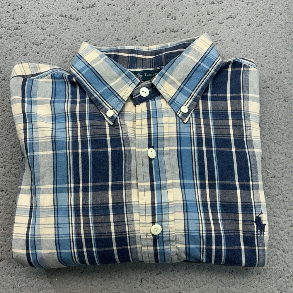 Ralph Lauren Button Down Mens Large Blue Plaid Custom Fit Long Sleeve Pony Logo
